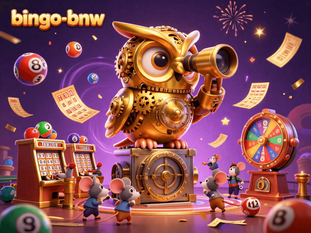 Bingo-bnw features vivid cartoon illustration of a golden owl and lively mouse patrons enjoying bingo excitement among colorful lottery elements.