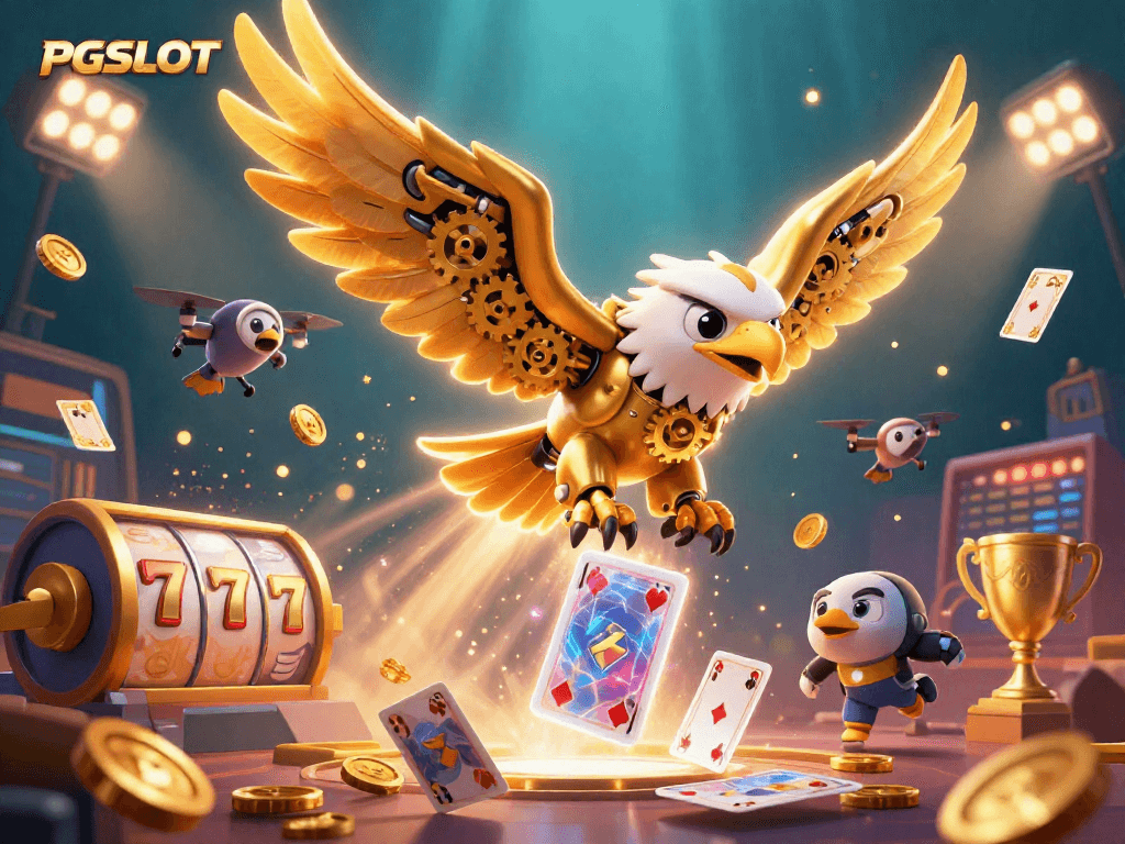 Engage in PGSLOT action with a vibrant 3D scene featuring a cybernetic eagle soaring among thrilling slot elements.