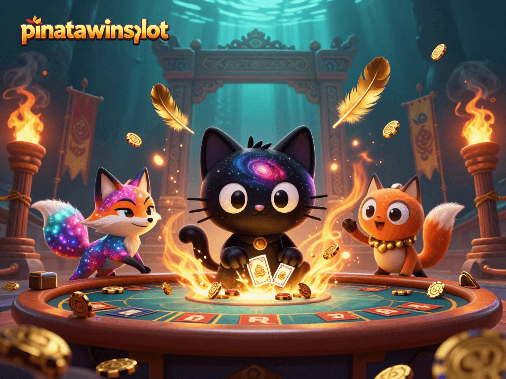 Engage with the vibrant pinatawinsslot cosmic casino featuring a unique black hole cat and nebula fox.