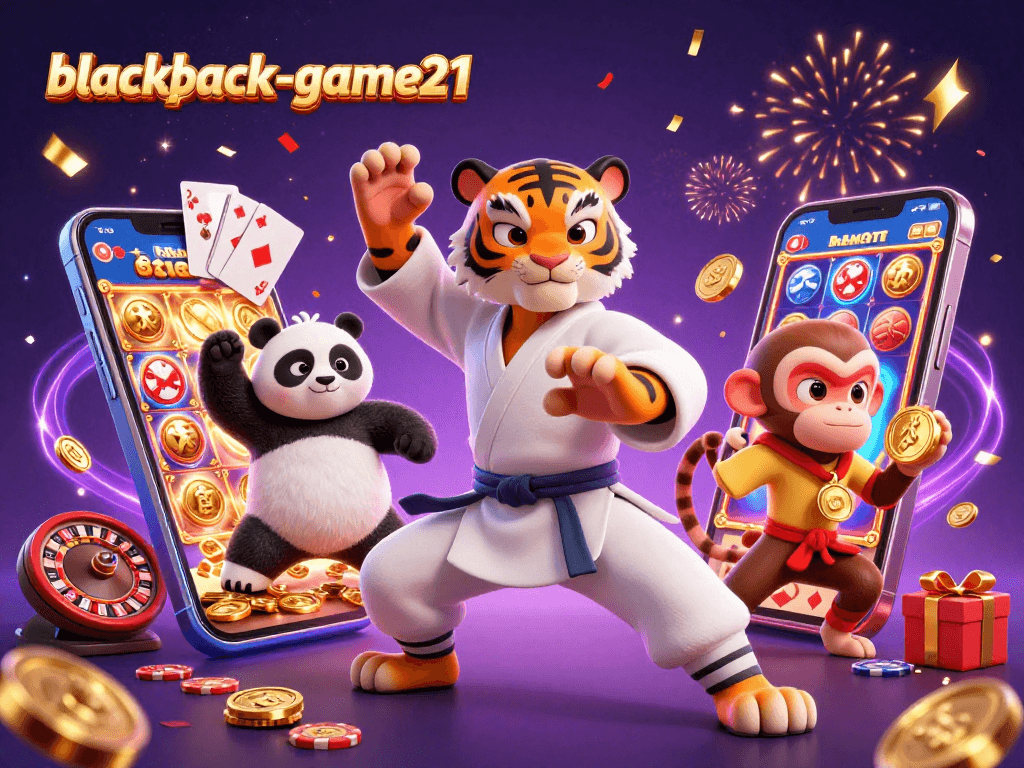 Engage in blackjack-game21 with a tiger master and panda disciple amid colorful casino action.
