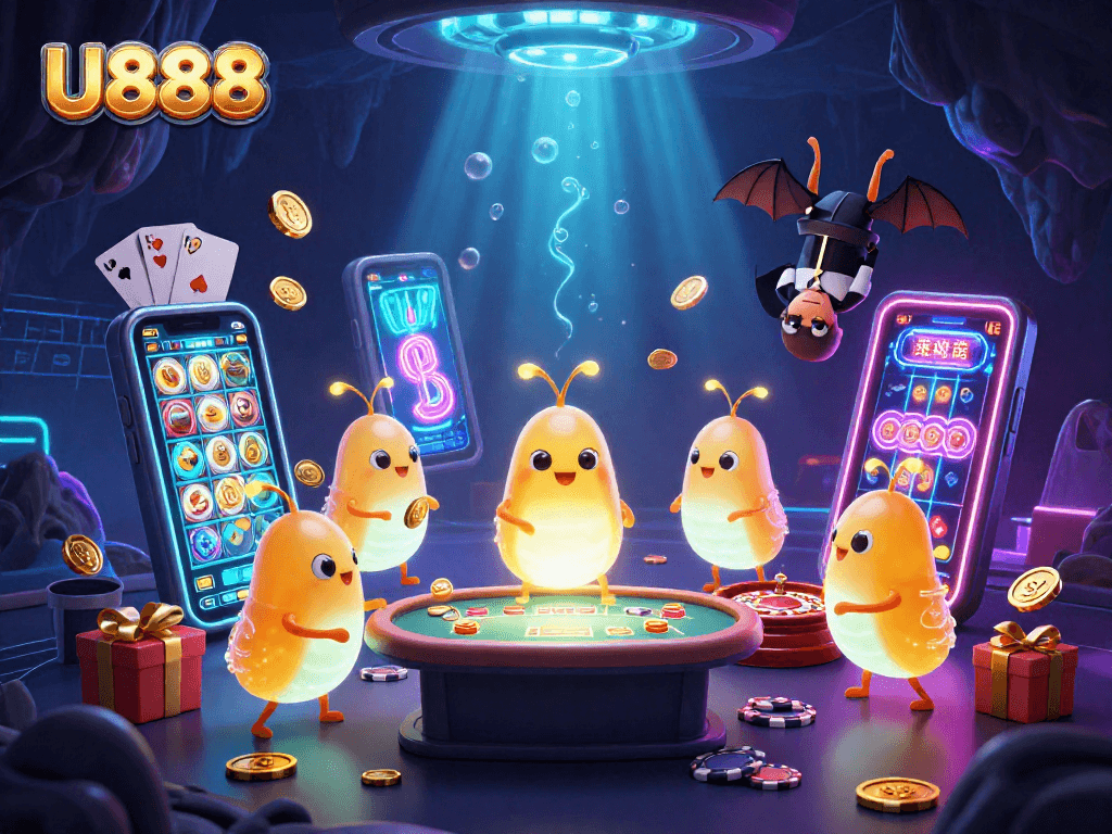 U888 engages players with colorful slot games and vibrant casino elements in a bioluminescent setting.