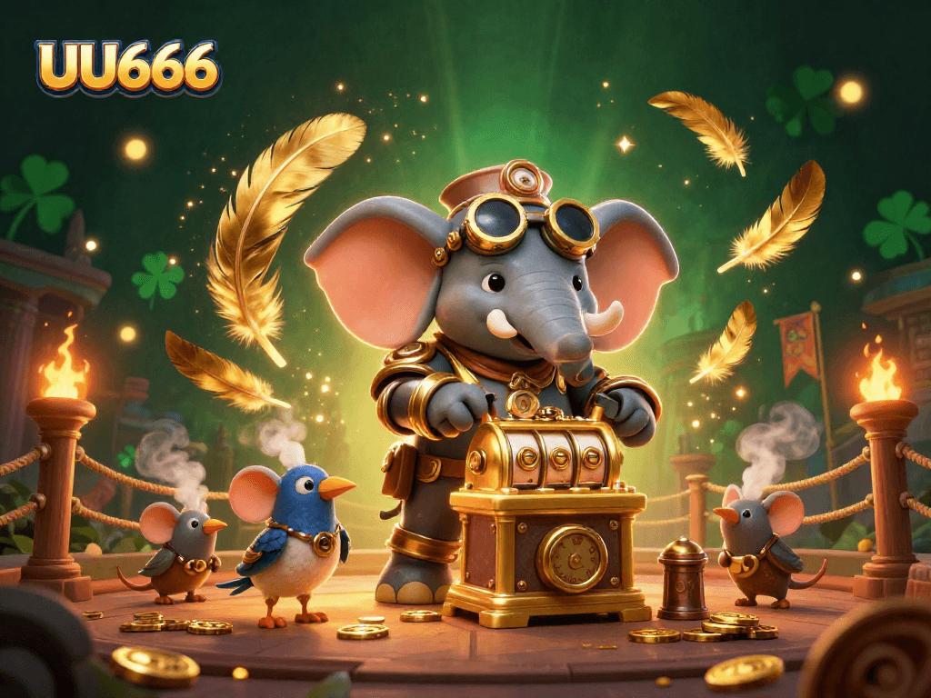 Spin the golden slot machine with UU666's steampunk elephant while treasures fly