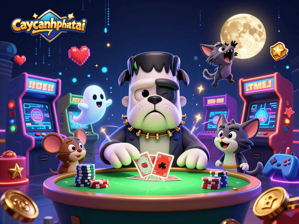 Engage in caycanhphattai with a 3D Frankenstein bulldog at a spooky table surrounded by vibrant gaming elements.