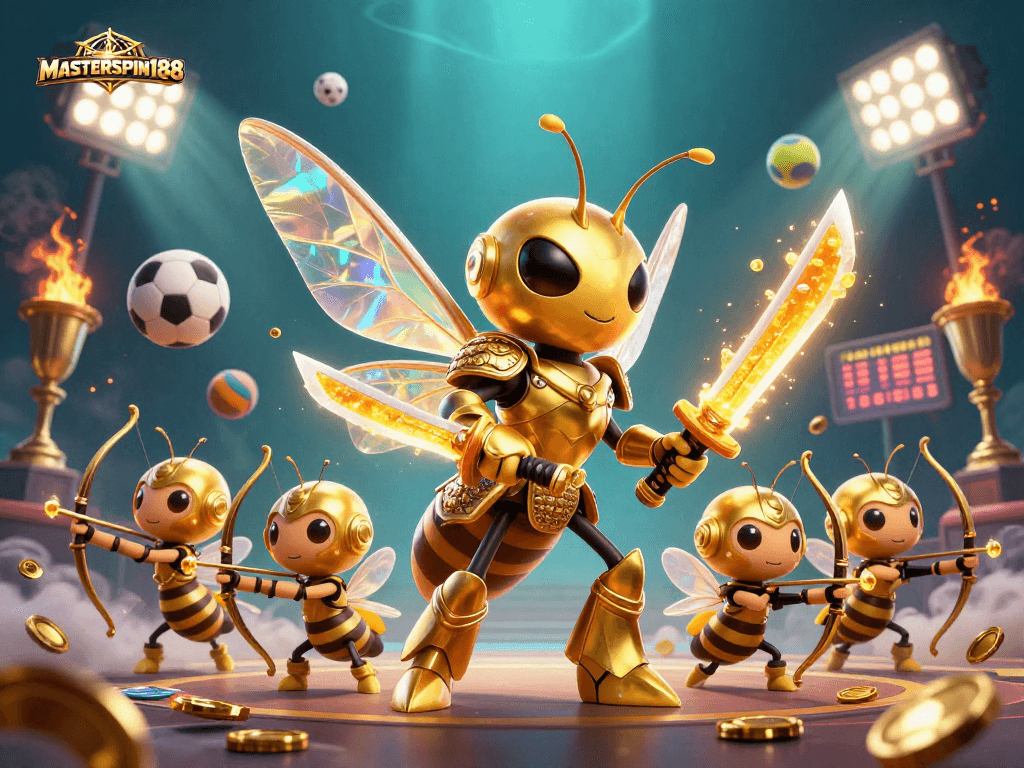 Bet on MASTERSPIN188 with a dynamic 3D illustration of gaming excitement and vibrant casino elements.
