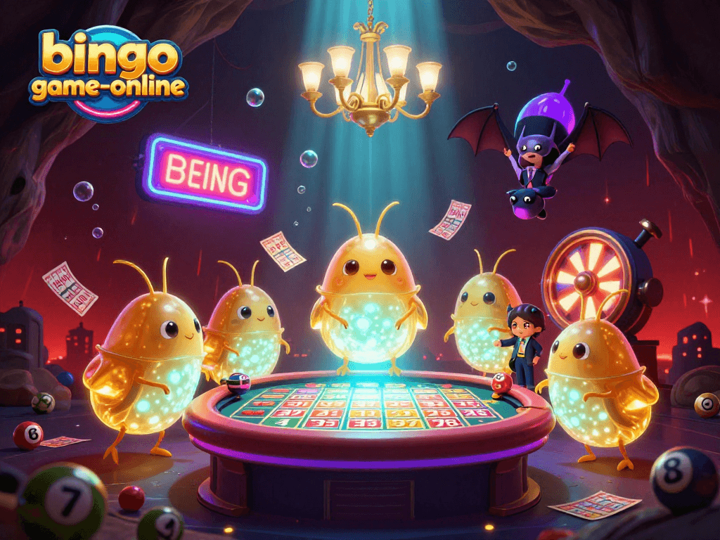 Bingo-game-online scene showcasing glowworms illuminating a cave casino with vibrant bingo game elements.