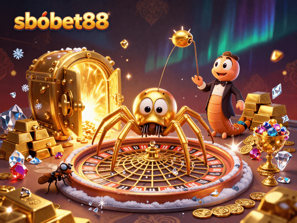 Place your bets with sbobet88 in this vibrant 3D casino-style illustration featuring a roulette wheel web.