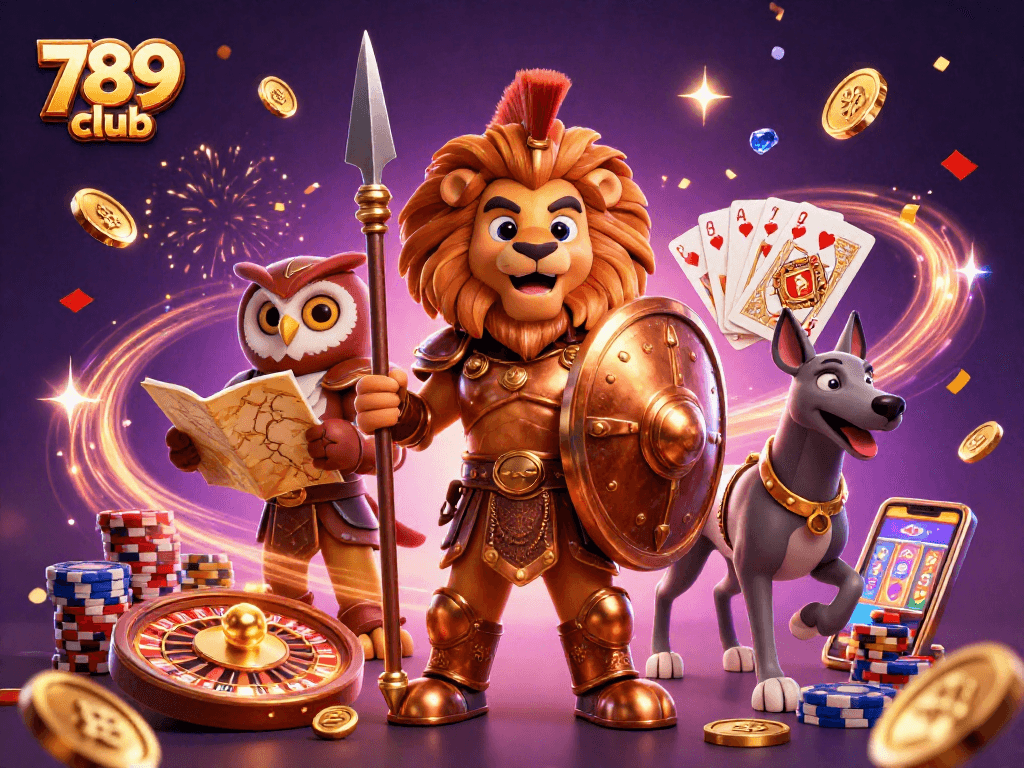 Experience excitement with 789 club in this vibrant casino illustration featuring diverse game elements and characters.