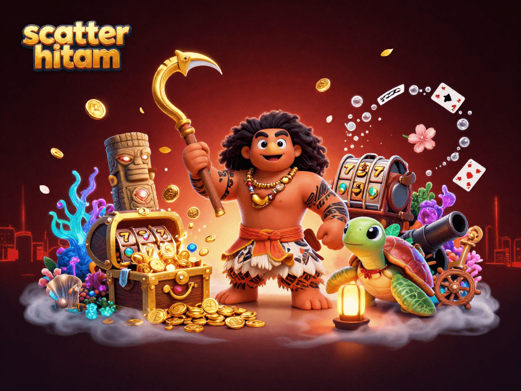 Engage with scatter hitam in this vibrant 3D casino scene featuring a tribal hawk and slot elements.