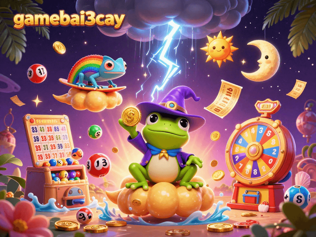 Experience the excitement of gamebai3cay with magical characters creating a dynamic spectacle of golden coins and prizes.