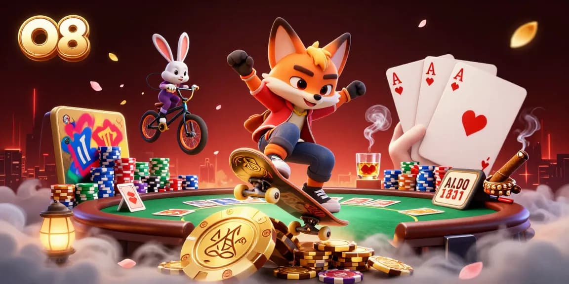 O8 showcases an exhilarating scene with a skateboarder fox and BMX rabbit in a vibrant casino setting.