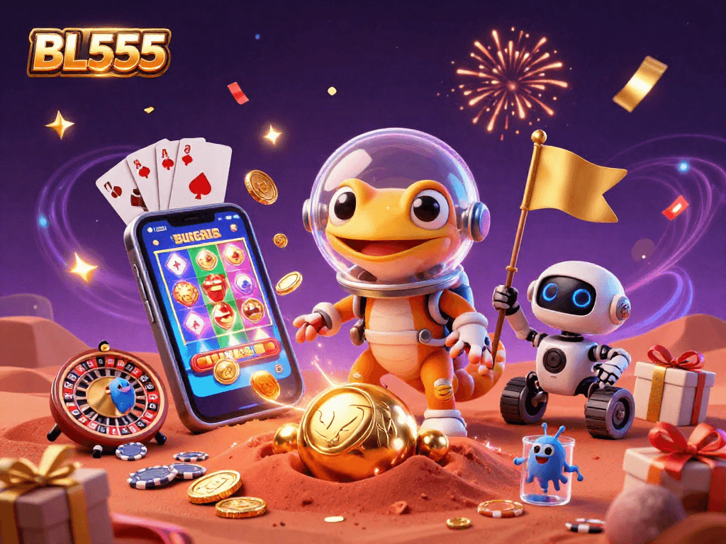 Experience the thrill of winning at BL555 with vibrant casino elements and characters in a dynamic 3D illustration.