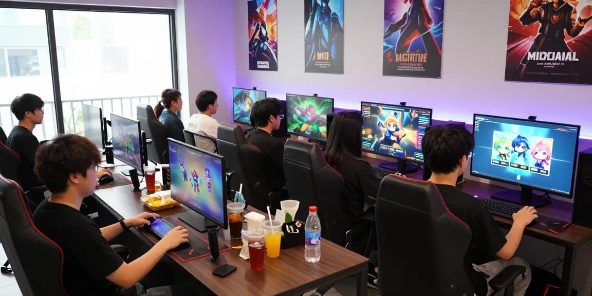 Playful gaming community enjoying gacha168 games in a vibrant gaming lounge.