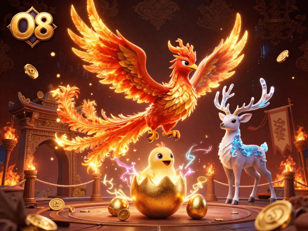 O8 captivates players with a fiery phoenix and golden jackpots in an exhilarating casino scene.