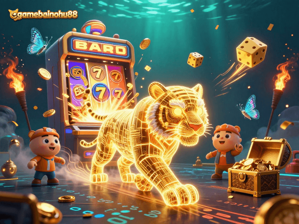 Experience the thrill of gamebainohu88 with a neon-lit jackpot scene featuring a golden tiger and dynamic casino elements.
