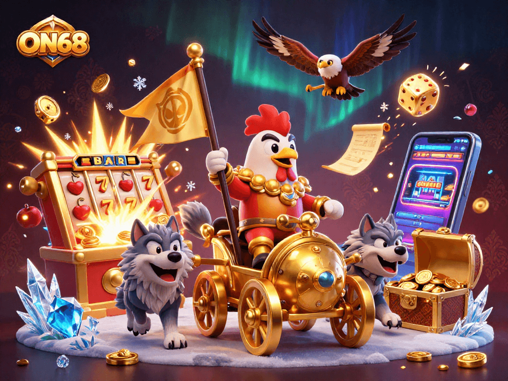 ON68 brings thrilling entertainment with a golden war chariot and slot machines exploding with coins