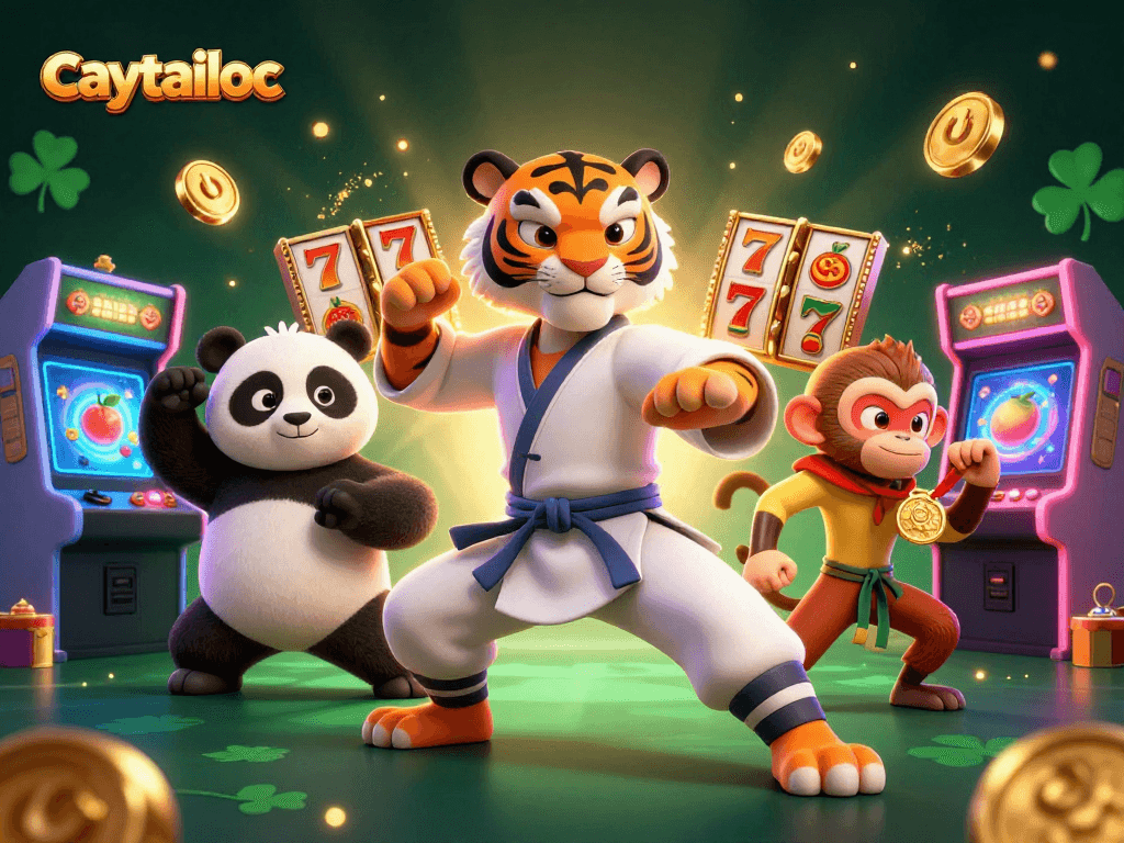 Caytailoc showcases winning strategies with a playful 3D cartoon scene featuring a kung fu tiger, panda, and monkey amidst vibrant slot reels and arcade games.