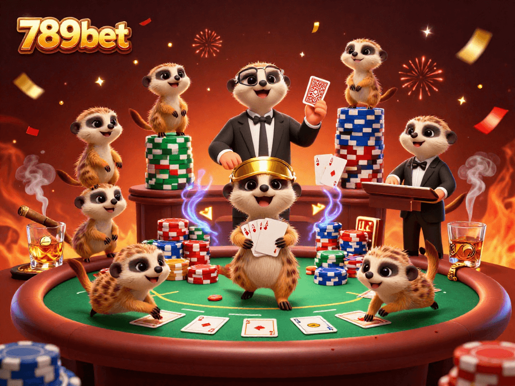 Join the excitement at 789bet with a dynamic casino scene illustrating meerkats playing cards and managing games.