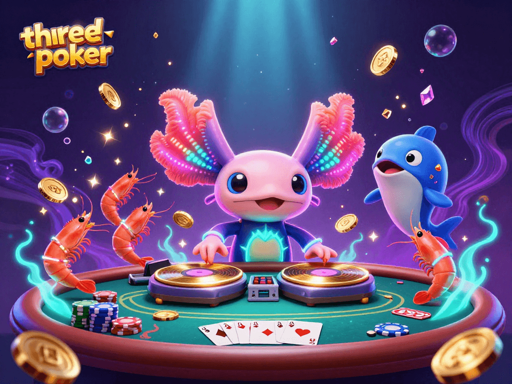 Experience the excitement of three-card-poker with a festive underwater scene featuring an axolotl DJ and animated sea creatures.
