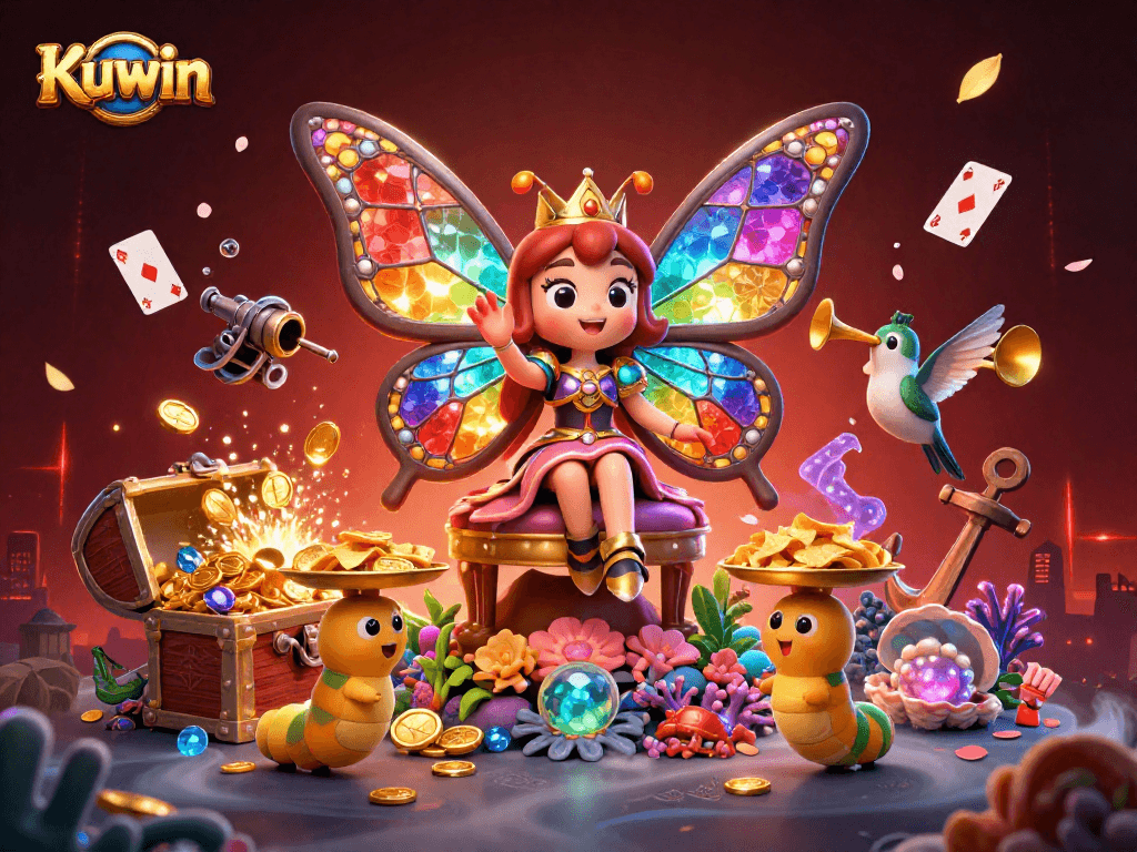 Experience the vibrant world of Kuwin with a butterfly queen surrounded by treasures and gaming elements.