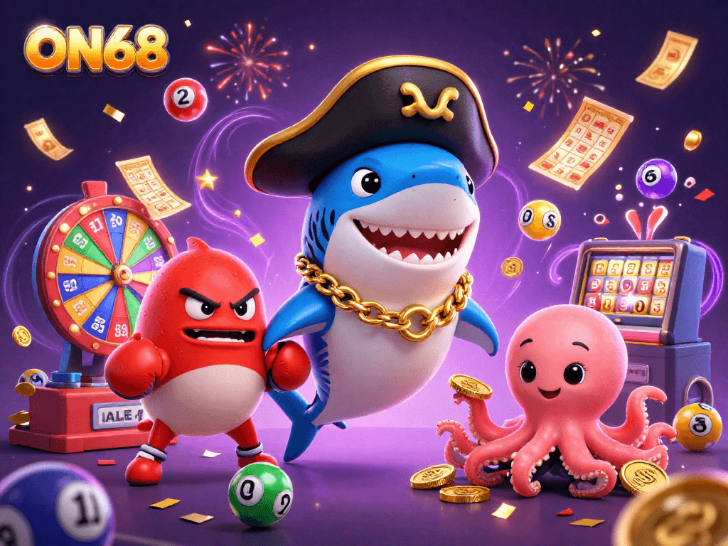 Engage with ON68 as the playful pirate shark, pufferfish, and octopus celebrate gaming wins amidst vibrant casino elements.