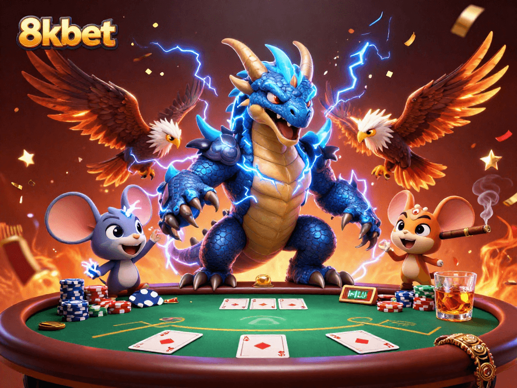 Experience thrilling gaming action with 8kbet's vibrant casino illustration showcasing dynamic characters and poker elements.