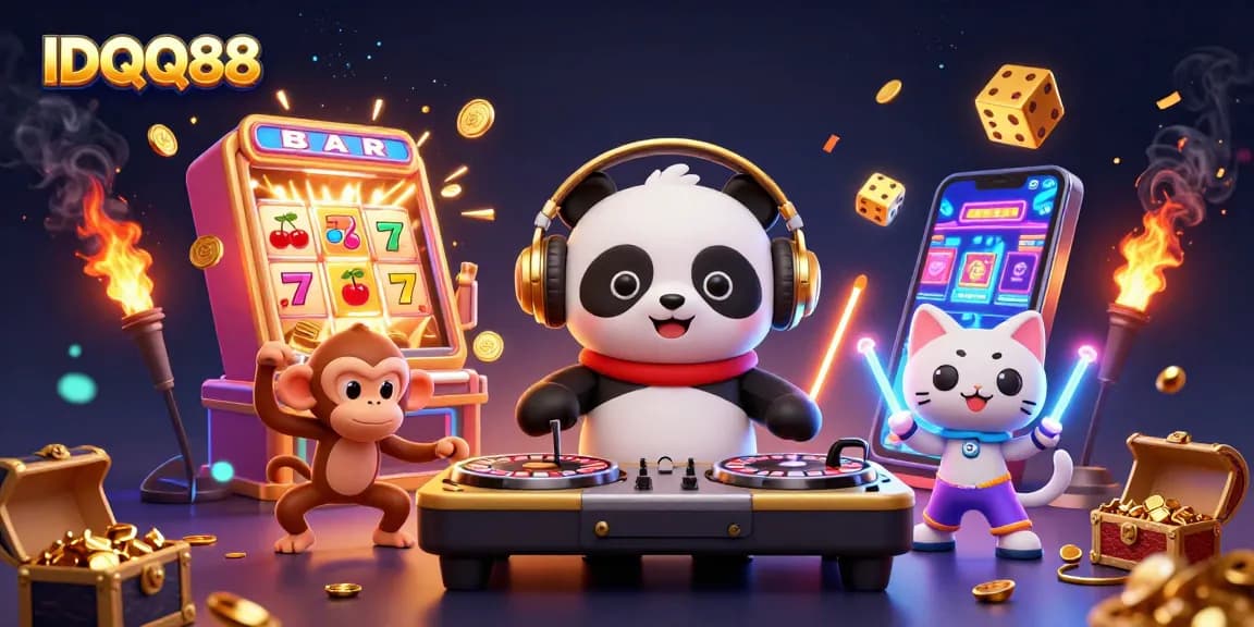 Experience the thrill of IDQQ88 with our vibrant casino-themed 3D illustration packed with action.