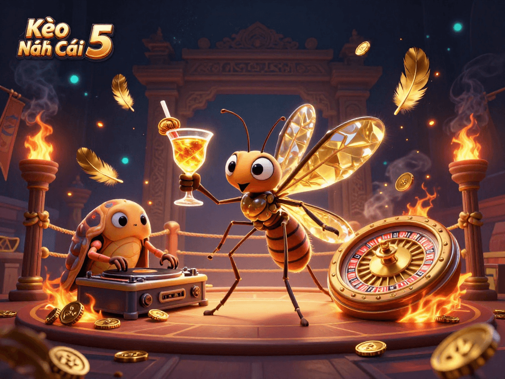 Kèo Nhà Cái 5 showcases a vibrant casino scene with a frozen mosquito mascot, trilobite DJ, and golden roulette elements.