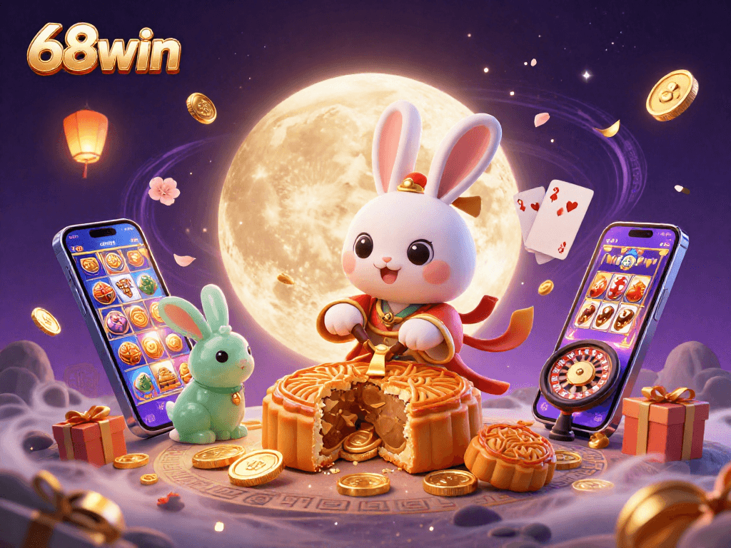 Experience thrilling gameplay at 68win with colorful slot games and poker chips in a magical lunar landscape.