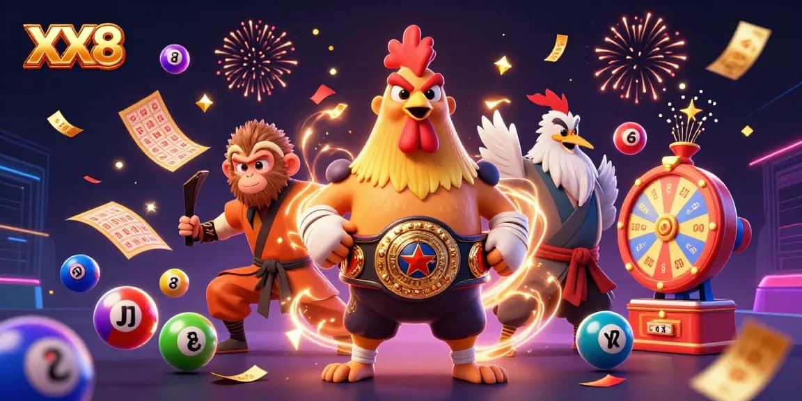 Experience the thrill of XX8 with a dynamic casino-themed 3D illustration of a Muay Thai rooster, a Shaolin monkey, and a wise crane master.