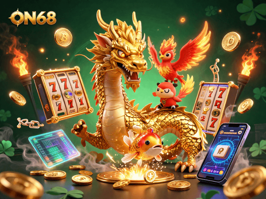 Experience high-stakes action at ON68 with a magnificent golden dragon amidst slot reels and crypto coins.