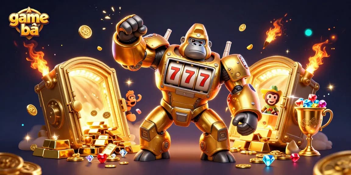 Engage in game bài with a golden gorilla mech and treasure-filled scene in a vibrant casino environment.