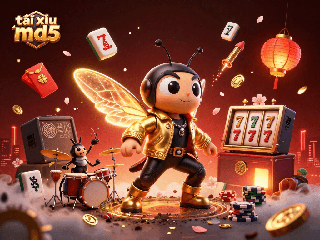 Engage with tài xỉu md5 featuring a vibrant casino scene with rock star cicadas and dynamic game elements.