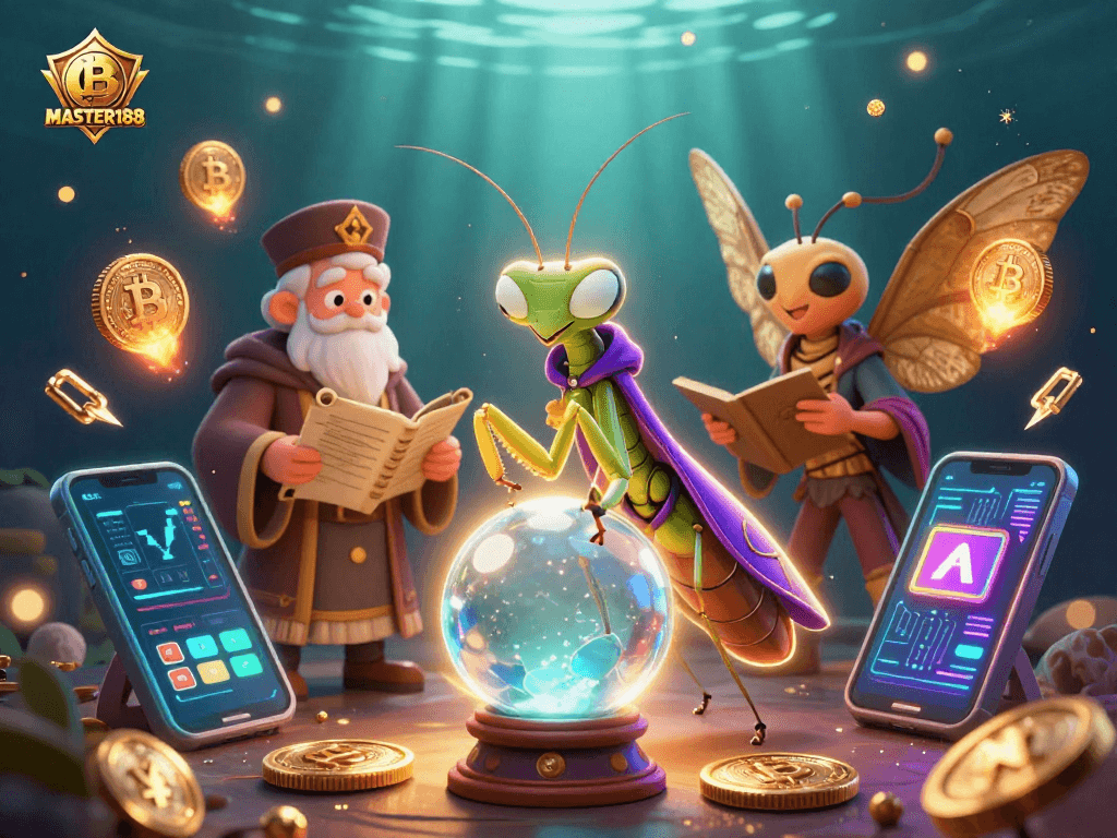 Experience the magic of gaming at MASTER188 with vibrant fortune teller characters and crypto elements.