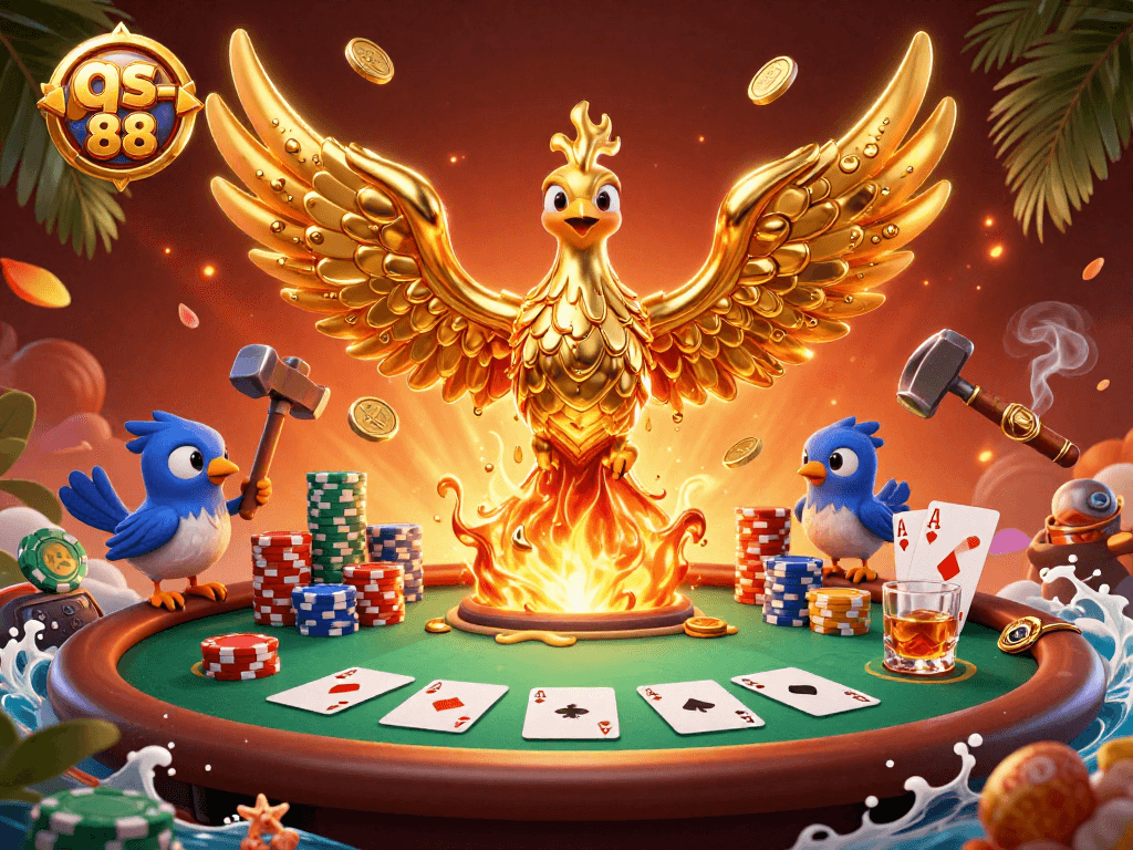 Play exciting games at qs-88 featuring poker tables, phoenixes, and golden coins!
