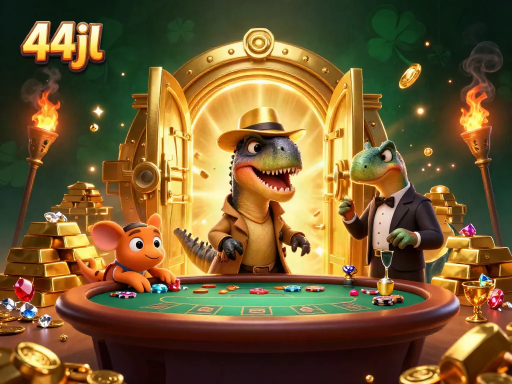 Experience the thrill at 44jl Casino with a velociraptor card counter and stegosaurus pit boss at a blackjack table.