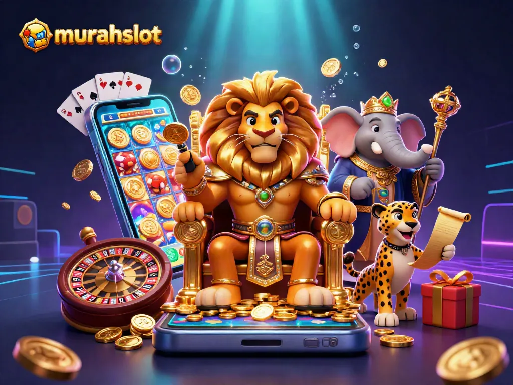 Permainan slot menarik di murahslot dengan raja singa kartun yang megah dan elemen kasino.