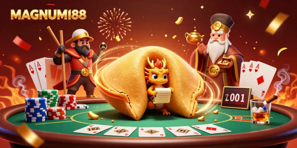 Experience the excitement of MAGNUM188 with a fortune cookie dragon amidst vibrant casino elements in 3D.