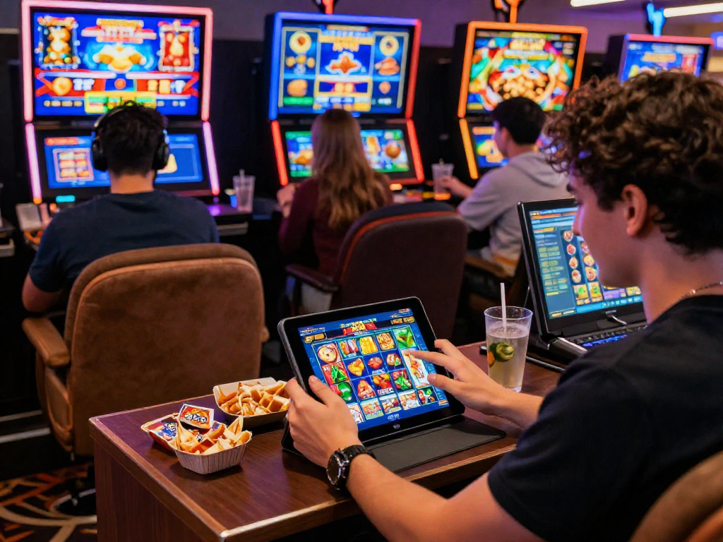 Engaging online gaming scene highlighting the nx303 daftar and vibrant slot games with diverse players using tablets and showcasing RTP excitement.
