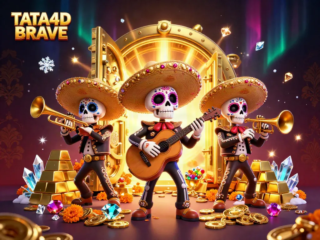 TATA4D BRAVE showcases a vibrant casino scene featuring a mariachi band surrounded by gold and treasures.
