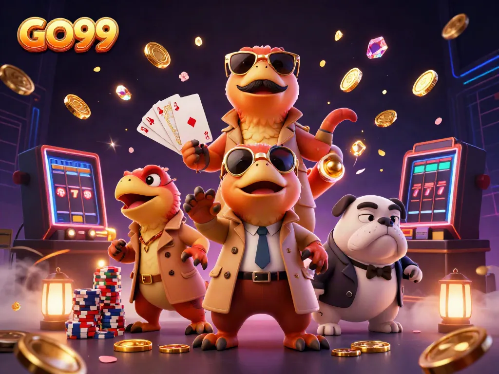 Engaging GO99 scene with raptors in a trench coat attempting entry to a casino, surrounded by casino elements.