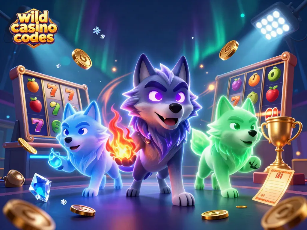 Win big with wild casino bonus codes featuring energetic wolves and vibrant casino elements.