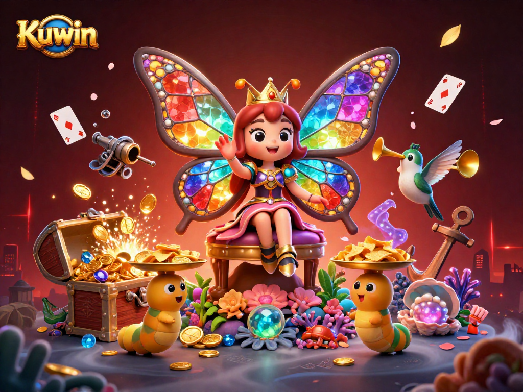 Experience the vibrant world of Kuwin with a butterfly queen surrounded by treasures and gaming elements.