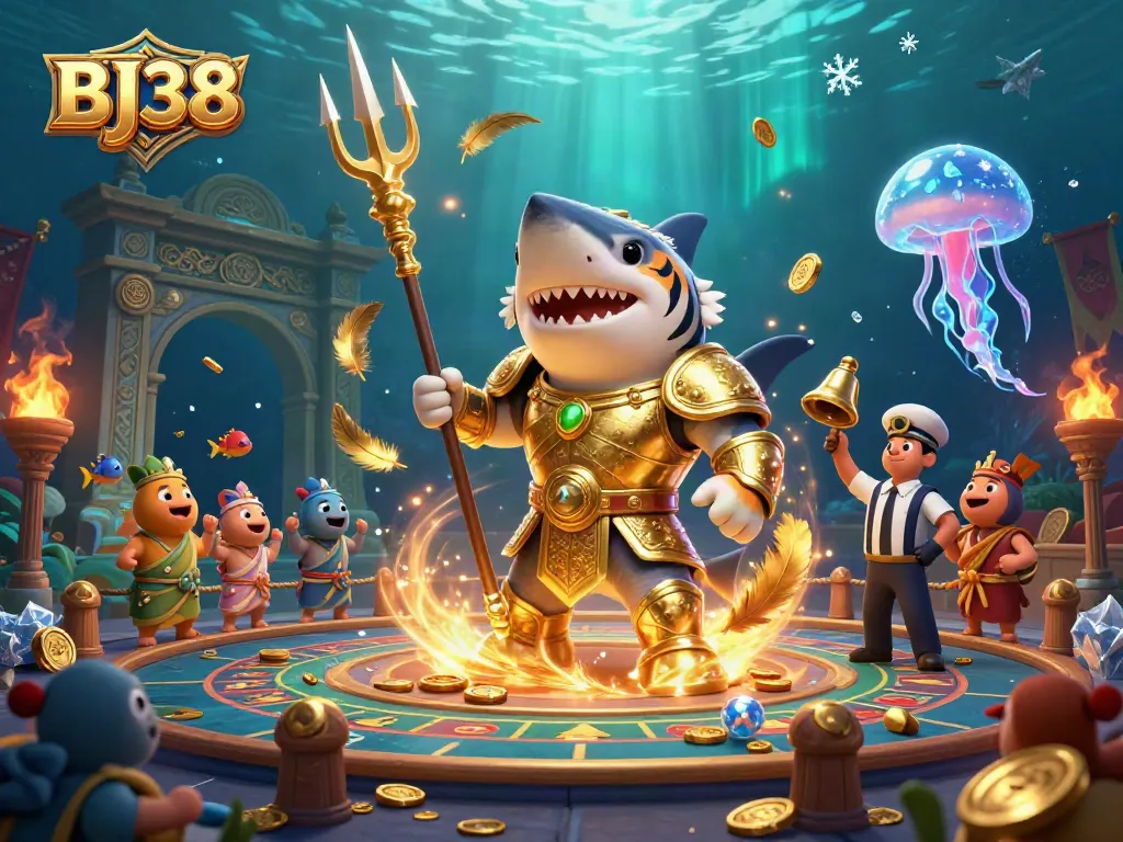 BJ38 playful live casino scene featuring a shark in gladiator armor, vibrant underwater action, and lively elements.