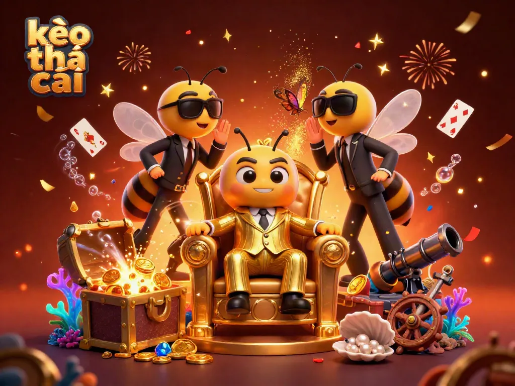 Experience the thrill with kèo nhà cái in a vibrant, dynamic 3D illustration showcasing a bumblebee mob boss and an underwater treasure theme.