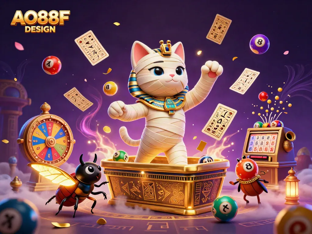 Engage with the vibrant AO88F DESIGN scene of a mummy cat and casino elements bursting with energy and excitement.