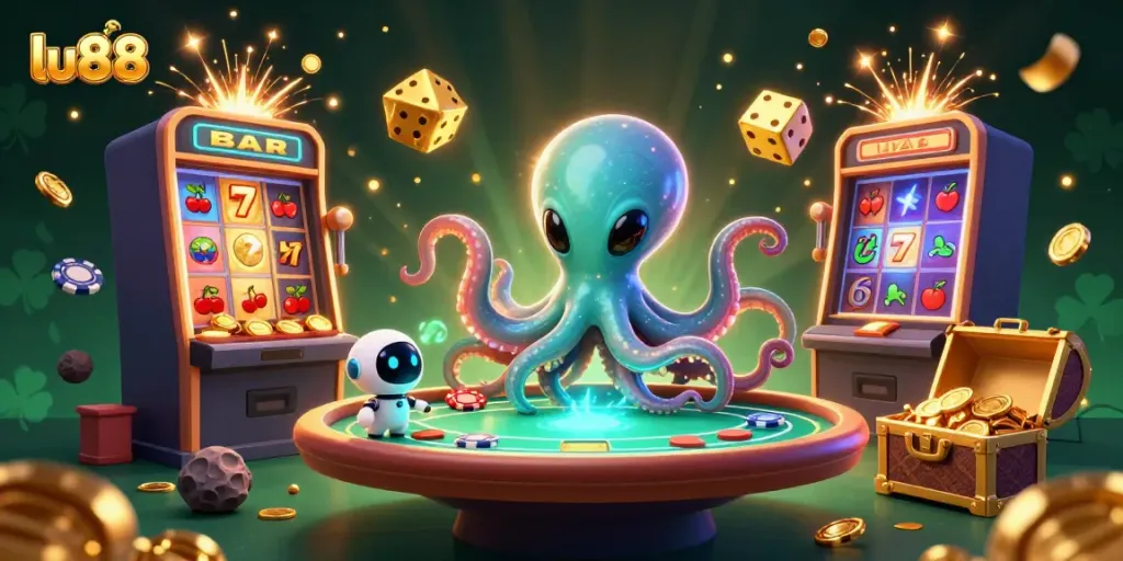 Experience thrilling poker action with lu88 featuring an alien octopus and jackpot-filled atmosphere.