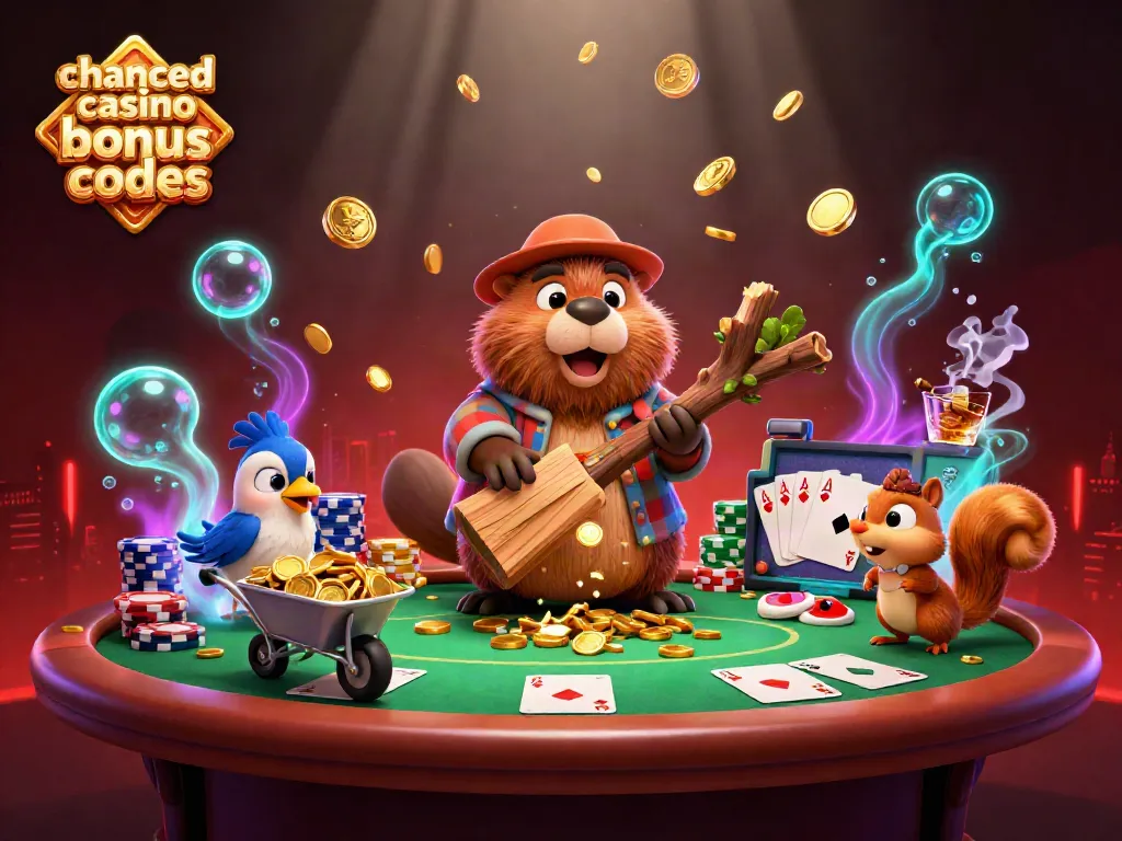 Chanced casino bonus codes illustrated by a beaver earning coins, showcasing poker elements.