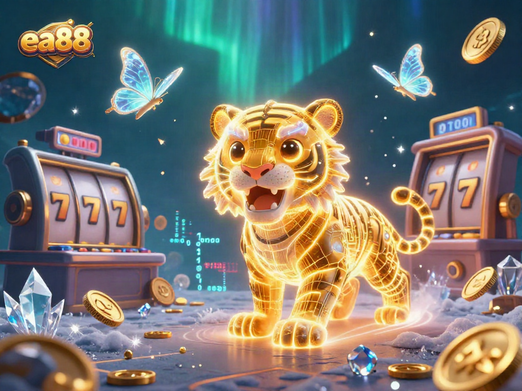 Experience the dynamic world of ea88 with a golden tiger in a vibrant casino scene filled with slot reels and lights.