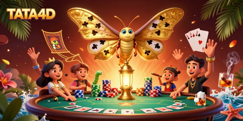 TATA4D showcases dynamic casino action with a cartoon atlas moth amidst poker elements and vibrant colors.