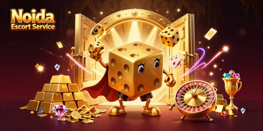 Experience the Noida Escort Service vibe with a lively 3D scene of a golden dice golem and treasures galore.
